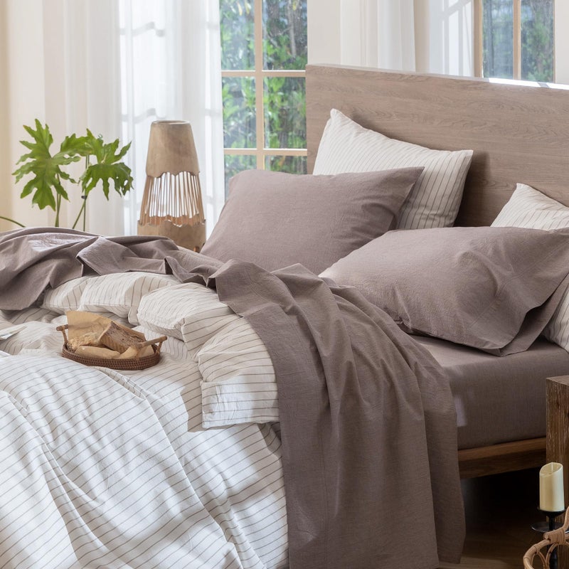 MooMee Bedding Sheet Set 100% Washed Cotton Linen Like Textured Breathable Durable Soft Comfy (Heathered Mauve Brown, Full) - Image 1