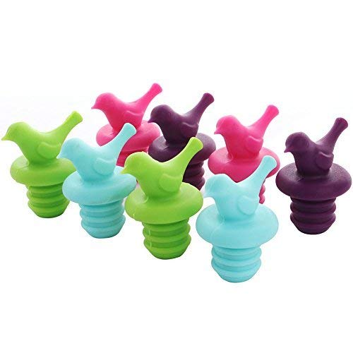 ScivoKaval Little Bird Silicone Wine Bottle Stopper Kit Silicone Bottle Cork Set of 8 Assorted Color Green Blue Pink and Purple