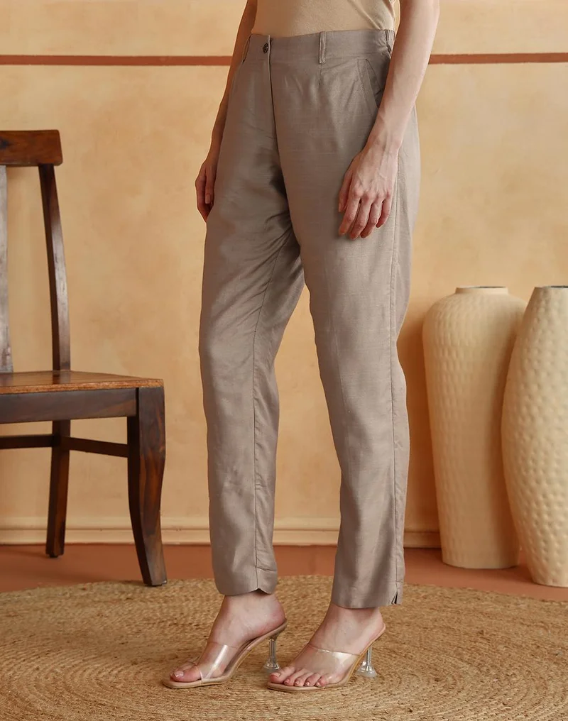 Beige Viscose Silk Slim Fit Formal Kosi Pant