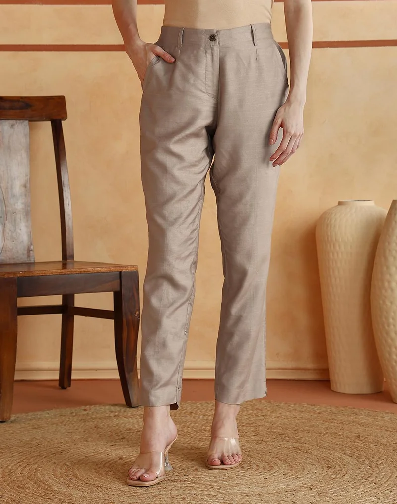 Fabindia  Beige Viscose Silk Slim Fit Formal Kosi Pant for Women | Best Price UAE