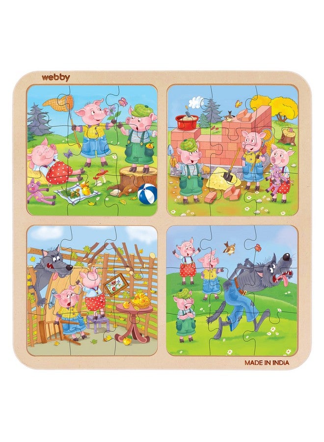 Webby Kids 4 in 1 The Three Little Pigs Wooden Puzzle Toy, 36 Pcs - Image 1