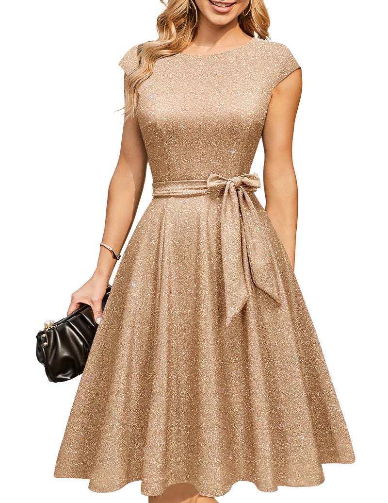 DRESSTELLS Women Sequin Formal Party Cocktail Dresses for Wedding Guest Sparkly Fancy Prom Tea Length Fit Flare Evening Gown Glitter Gold Champagne L - Image 1
