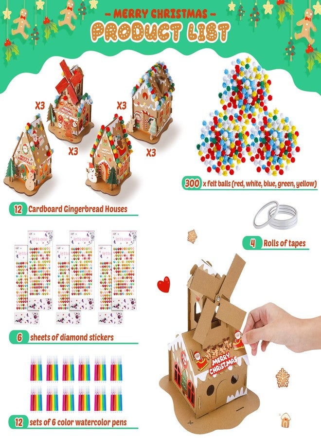 Poen مجموعة حرفة منزل الزنجبيل لعيد الميلاد من بون 12 قطعة - منزل كرتوني DIY مع كرات بوم، وأقلام، وملصقات، وشريط لتزيين حفلة عيد الميلاد (أسلوب أنيق) - Image 3