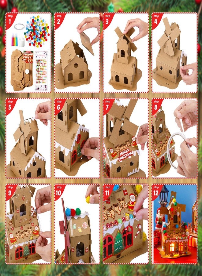 Poen مجموعة حرفة منزل الزنجبيل لعيد الميلاد من بون 12 قطعة - منزل كرتوني DIY مع كرات بوم، وأقلام، وملصقات، وشريط لتزيين حفلة عيد الميلاد (أسلوب أنيق) - Image 4