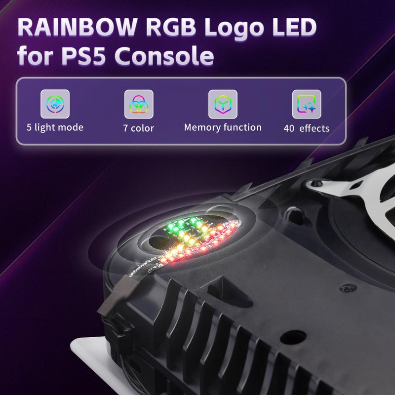 eXtremeRate 7 Colors 40 Effects RGB Rainbow Logo LED Kit for PS5 Console (2020 CFI-1 Series), Illuminated Lighting Decoration Logo LED Board for PS5 Disc & Digital Edition Console - Image 5