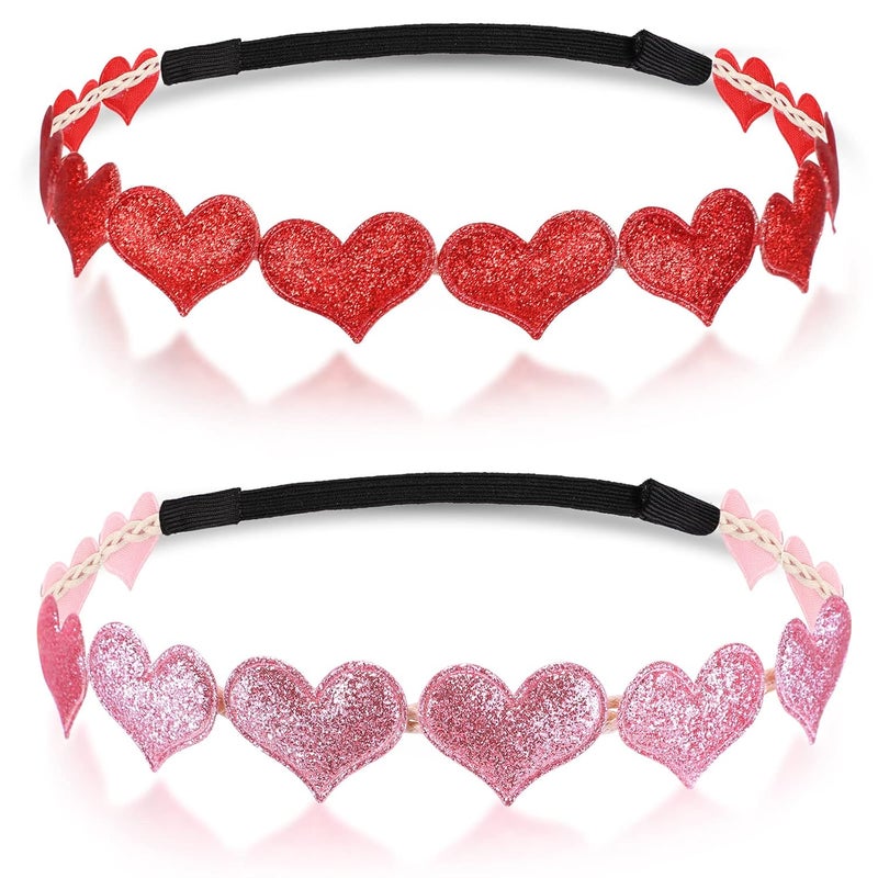 MTLEE 2 Pieces Valentines Day Hearts Headband Glitter Elastic Love Heart Cupid Headband Hair Accessories No Slip Hearts Headpiece Bling Pink Red Head Band Sparkly Headbands for Women