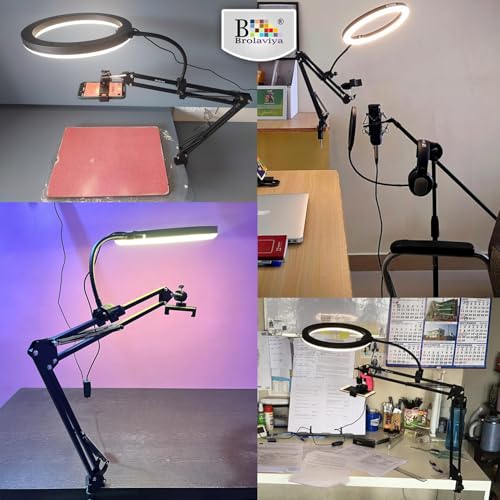 BROLAVIYA Overhead Video Mobile Stand with 10inch Ring Light, Metal Arm,1/4" Ball Head for Camera,Gopro,with Mobile Bracket and Flexible Clip Arm - Image 4