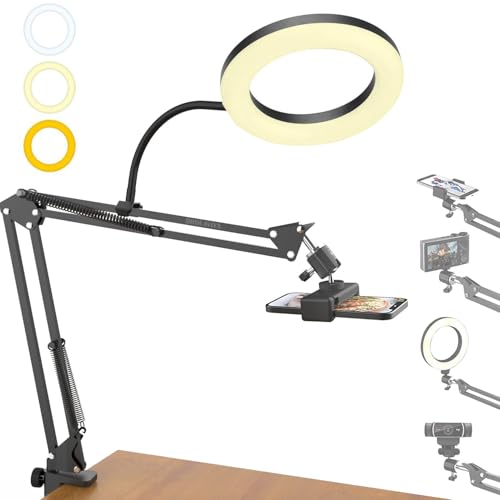 BROLAVIYA Overhead Video Mobile Stand with 10inch Ring Light, Metal Arm,1/4" Ball Head for Camera,Gopro,with Mobile Bracket and Flexible Clip Arm - Image 1