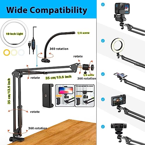 BROLAVIYA Overhead Video Mobile Stand with 10inch Ring Light, Metal Arm,1/4" Ball Head for Camera,Gopro,with Mobile Bracket and Flexible Clip Arm - Image 3