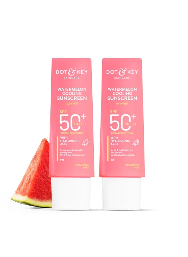 دوت آند كي واقي شمس منعش بالبطيخ وحمض الهيالورونيك من دوت آند كي بعامل حماية SPF 50 PA+++ | مناسب للبشرة الدهنية والعادية والمختلطة | حماية من الأشعة فوق البنفسجية والضوء الأزرق | خفيف الوزن | لا يترك آثارًا بيضاء | عبوة مزدوجة (عبوتان، 50 جرام لكل منهما) - Image 1