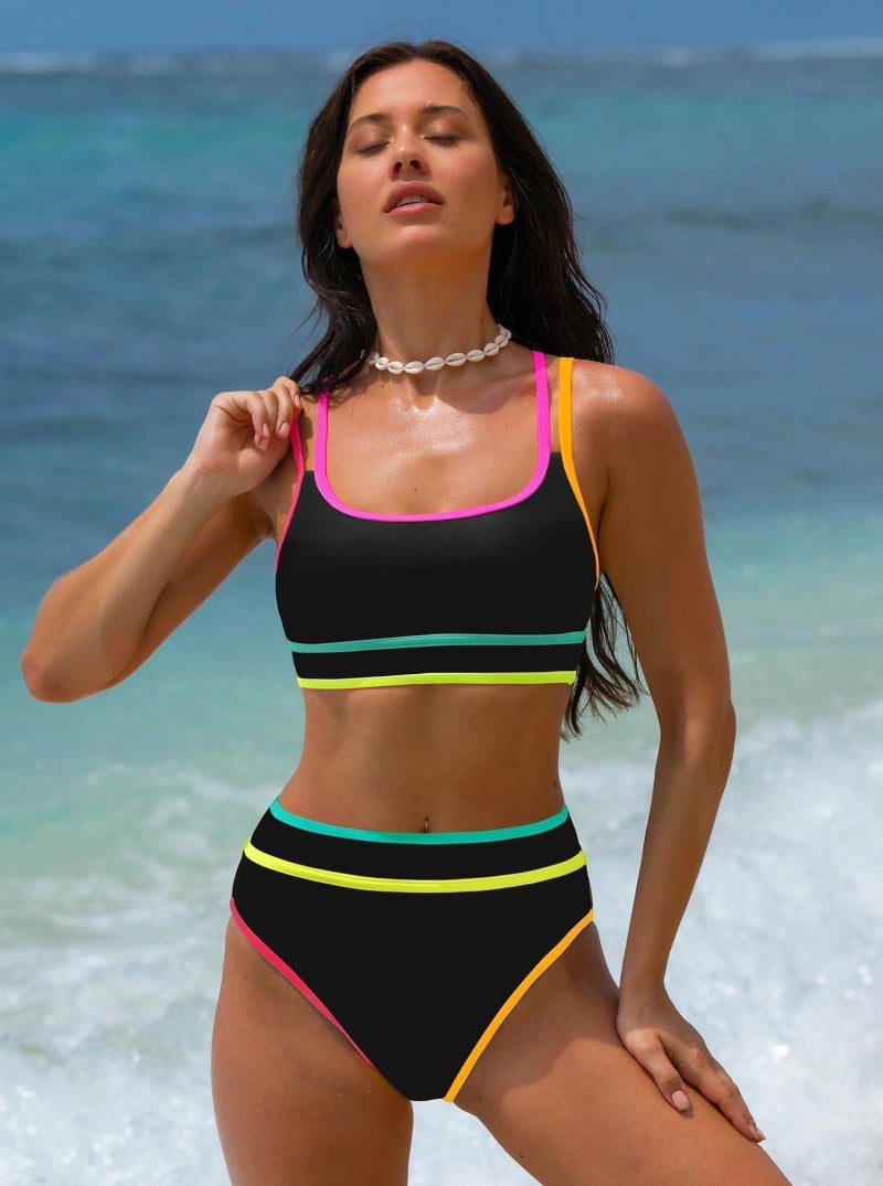 popvil Women's High Waisted Bikini Sets Neon Two Piece 2026 Swimsuit Sporty Adjustable Straps Tummy Control Bathing Suit Ladies Beach Summer Black - Image 3