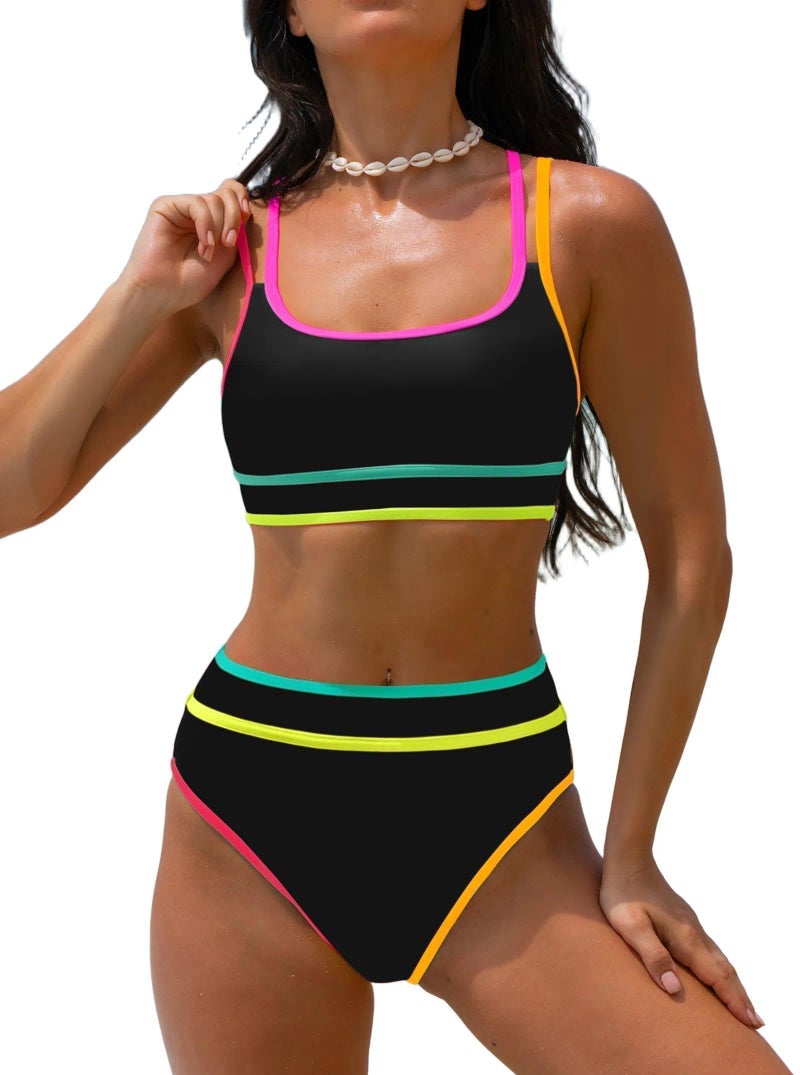 popvil Women's High Waisted Bikini Sets Neon Two Piece 2026 Swimsuit Sporty Adjustable Straps Tummy Control Bathing Suit Ladies Beach Summer Black - Image 1
