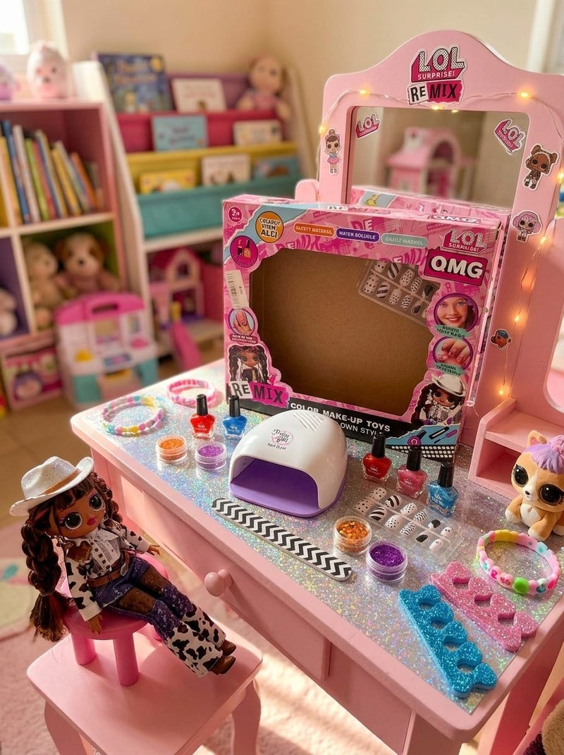 مجموعة مجفف وطلاء أظافر Pretty Girl مع جليتر ومبارد وفواصل وملصقات - طقم فن أظافر كامل - Image 3