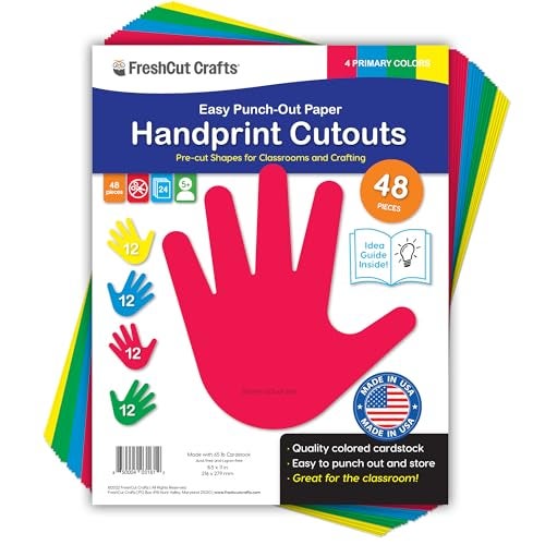 FreshCut Crafts 48 Piece Handprint Primary Cutouts with IDEA Guide, US Made 2-Sided Brightly Colored Card Stock Punch Out Handprint Paper Accents for Bulletin Boards, Classroom Decor, Back to School & DIY Crafting - Image 1
