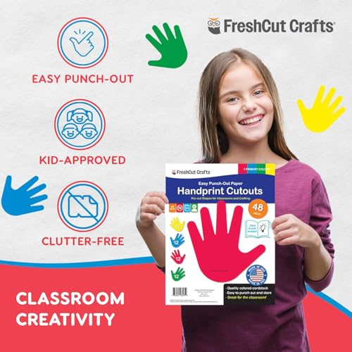 FreshCut Crafts 48 Piece Handprint Primary Cutouts with IDEA Guide, US Made 2-Sided Brightly Colored Card Stock Punch Out Handprint Paper Accents for Bulletin Boards, Classroom Decor, Back to School & DIY Crafting - Image 5