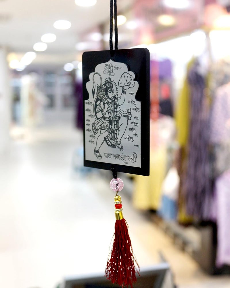 F Studio Lord Hanuman Double Sided Laser Engraved Car Hanging Car Rear View Mirror Decor Ornament Accessories (Silver & Black) - Image 2