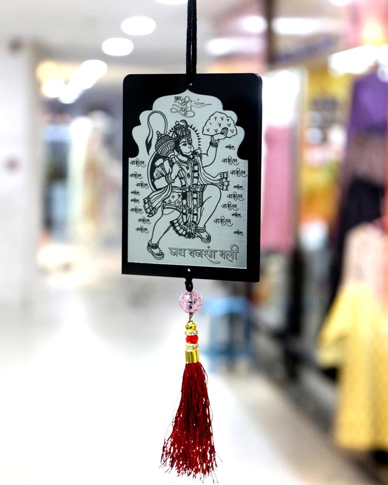 F Studio Lord Hanuman Double Sided Laser Engraved Car Hanging Car Rear View Mirror Decor Ornament Accessories (Silver & Black) - Image 1