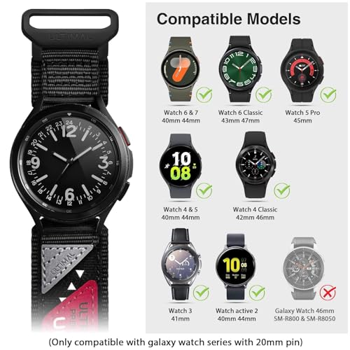 ULTIMAL Compatible with Samsung Galaxy Watch 7 6 5 4 FE 40mm 44mm/6 Classic 43mm 47mm/5 Pro 45mm/4 Classic 42mm 46mm, 20mm Nylon Adjustable Sports Strap for Men Women (BLACK, L) - Image 2
