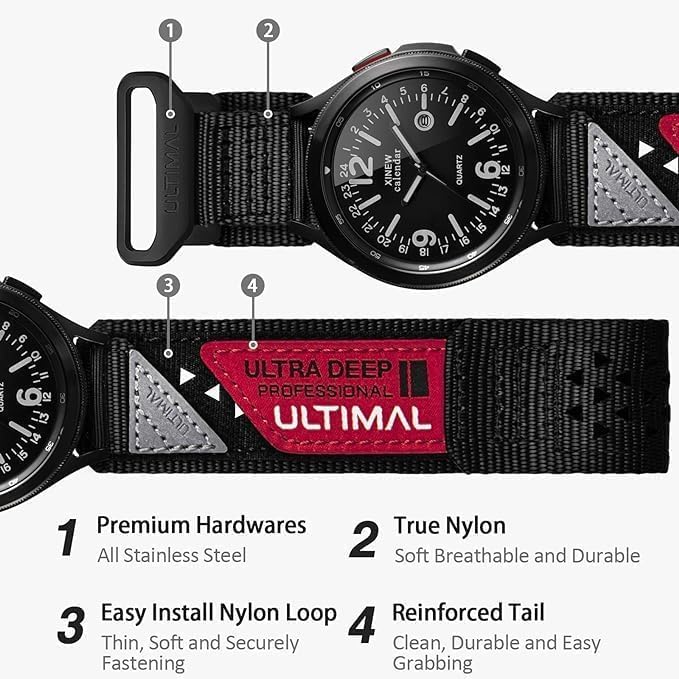 ULTIMAL Compatible with Samsung Galaxy Watch 7 6 5 4 FE 40mm 44mm/6 Classic 43mm 47mm/5 Pro 45mm/4 Classic 42mm 46mm, 20mm Nylon Adjustable Sports Strap for Men Women (BLACK, L) - Image 5