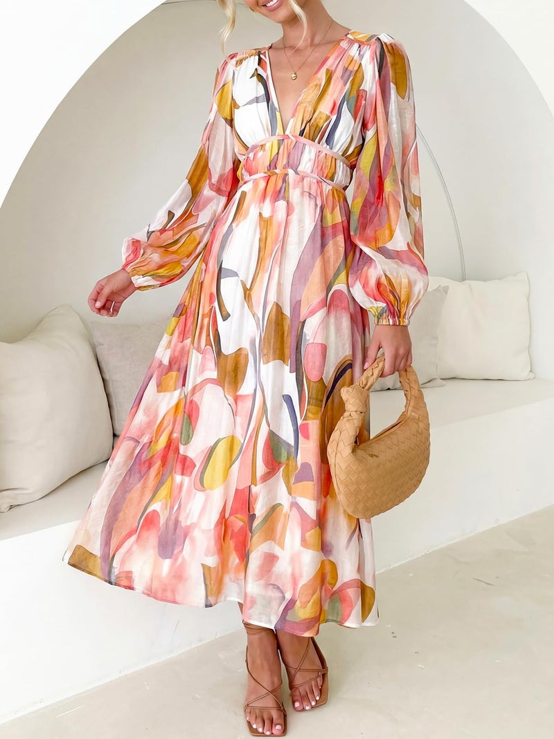 Maxigerui Women's Long Sleeve Floral Maxi Dress 2026 Spring Summer Wedding Guest Dress Pink Watercolor L - Image 5