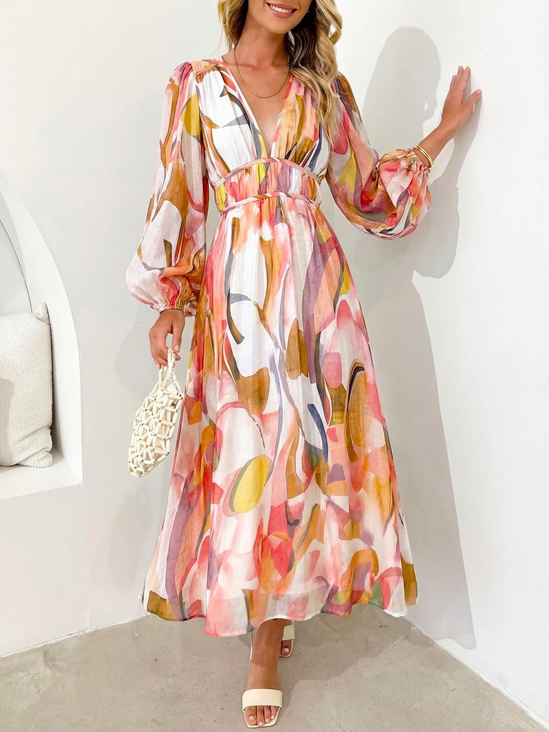 Maxigerui Women's Long Sleeve Floral Maxi Dress 2026 Spring Summer Wedding Guest Dress Pink Watercolor L - Image 4