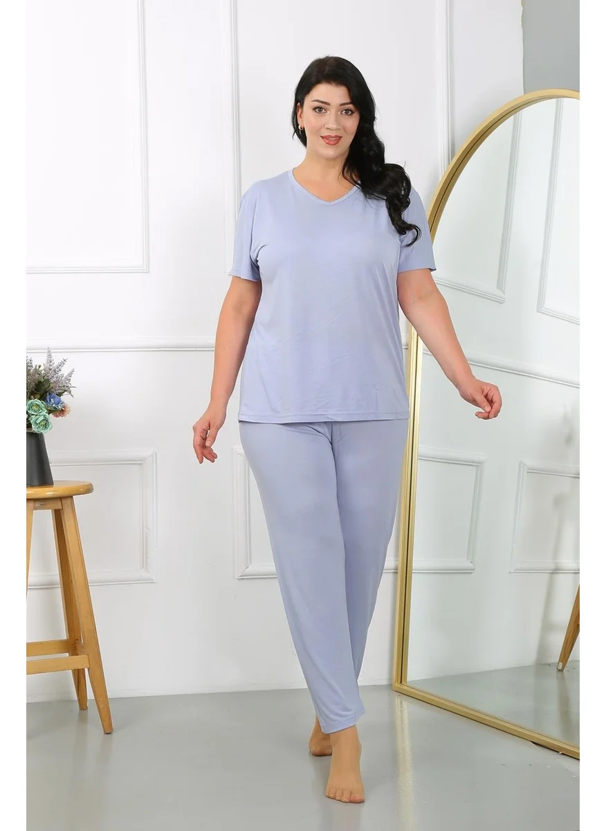 Akbeniz Women's Plus Size Short Sleeve Combed Cotton Pajama Set Lilac 202405