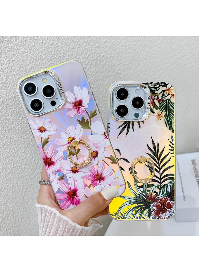 S-TOP Case For iPhone 15 Electroplating Laser Flower Ring Holder TPU Phone Case - Image 3