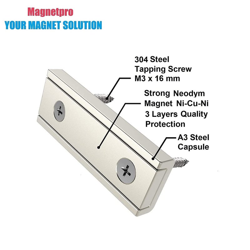 Magnetpro 8 Pcs Rectangular Magnets 20 kg Strength 40 x 13.5 x 5 mm with Countersunk Hole and Capsule, Household and Industrial Base Magnet with Screws - Image 2