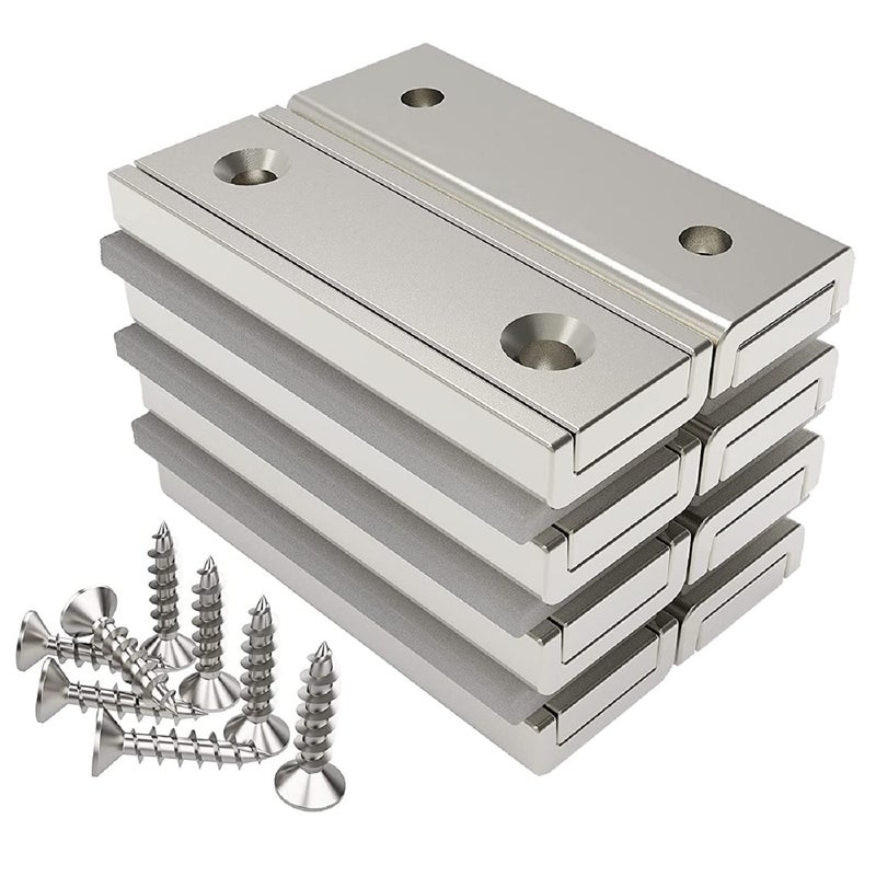 Magnetpro 8 Pcs Rectangular Magnets 20 kg Strength 40 x 13.5 x 5 mm with Countersunk Hole and Capsule, Household and Industrial Base Magnet with Screws - Image 1
