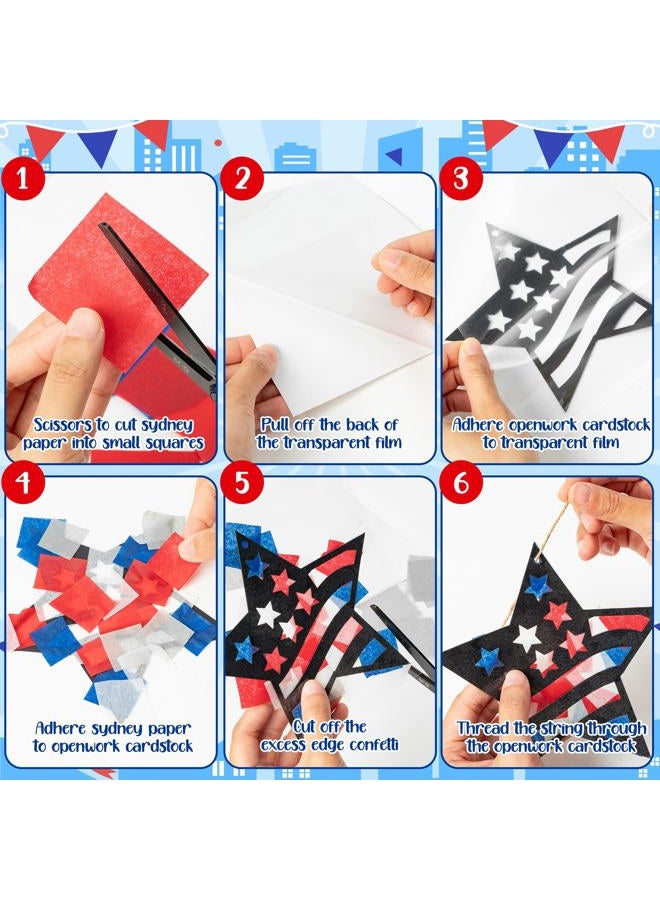 CJiangpo 24 Sets Independence Day Suncatcher Paper Craft Kits, DIY Stained Glass Effect Window Ornament Tissue Paper Art Craft for Kid 4th of July Patriotic Decors Classroom Activities Party Supplies - Image 3