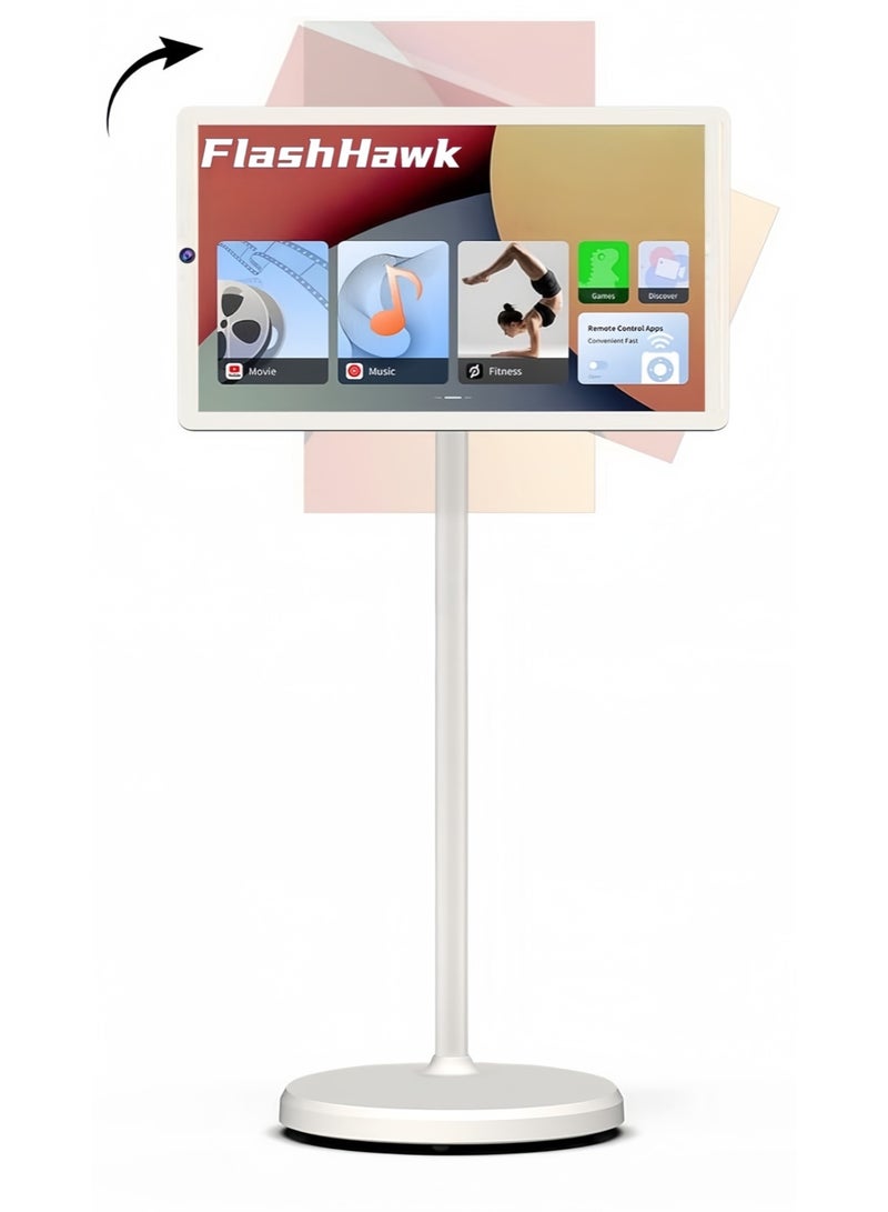 فلاشهوك شاشة متنقلة تلفزيون ذكي محمول بشاشة لمس قابلة للتعديل، مقاس 27 بوصة | بطارية 78000 أمبير/ساعة، وقت تشغيل فيديو 8 ساعات، جهاز تحكم عن بُعد | ذاكرة وصول عشوائي (RAM) سعة 8 جيجابايت + سعة تخزين 128 جيجابايت، لون أبيض - Image 1