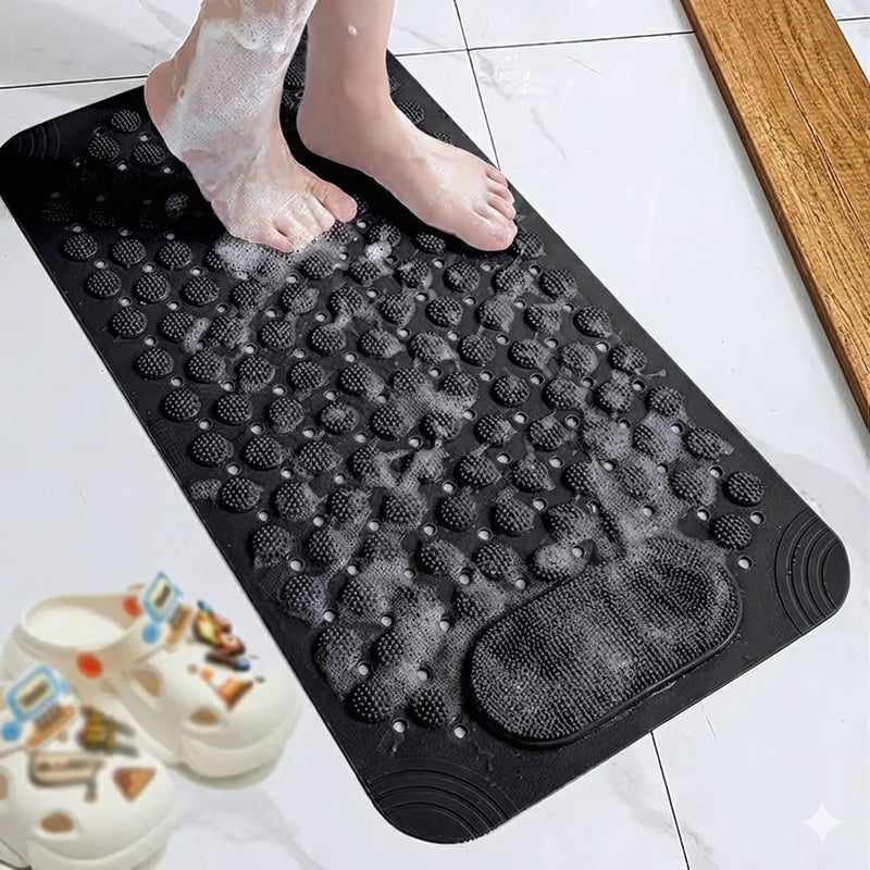 Non-Slip Bath Mat with Built-in Brush for Foot Scrubber - Safe Bathtub Mat with Drain Holes and Bubble Texture for Massage - Mildew Resistant and Quick Dry (Black) - Image 1