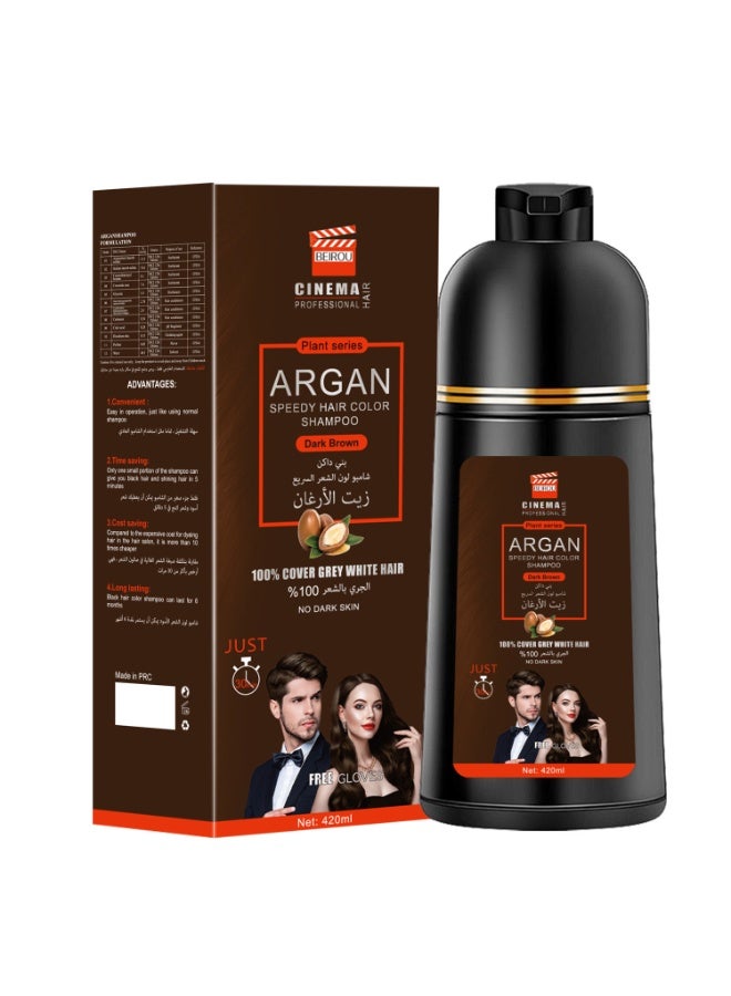 Argan Speedy Hair Color Shampoo 420ml – 20 Min Grey & White Coverage, 100% Coverage Formula, No Skin Staining, Free Gloves, Easy 2-in-1 At-Home Hair Dye for Men & Women (Dark Brown)