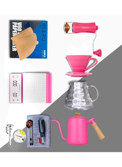 MIBRU V60 drip coffee maker set pink Suitable It consists of a scale barista's kit glass server drip jug coffee filter coffee grinder drip funnel thermometer  - Image 1