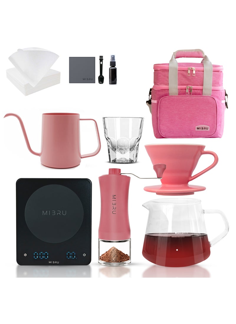 MIBRU V60 drip coffee maker set pink Suitable It consists of a scale barista's kit glass server drip jug coffee filter coffee grinder drip funnel thermometer  - Image 1