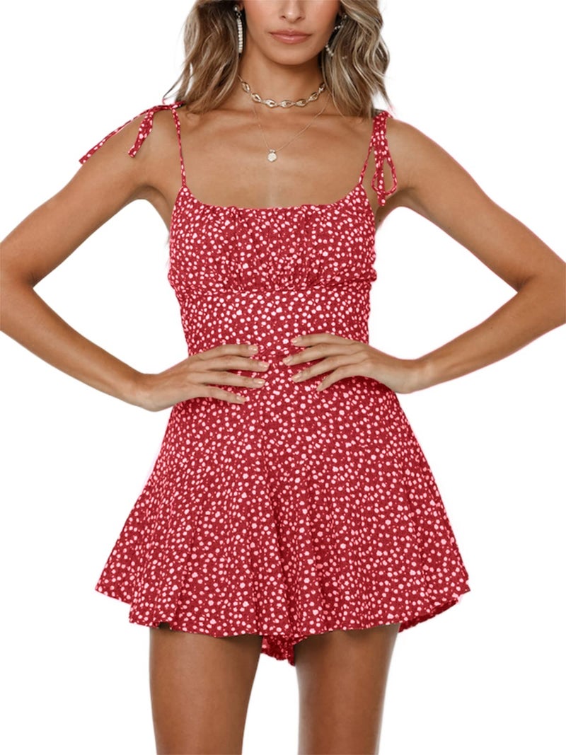 Jeanewpole1 Women's Print Wide Leg Short Romper Tie Shoulder Smocked Shirred Jumpsuit - Image 1