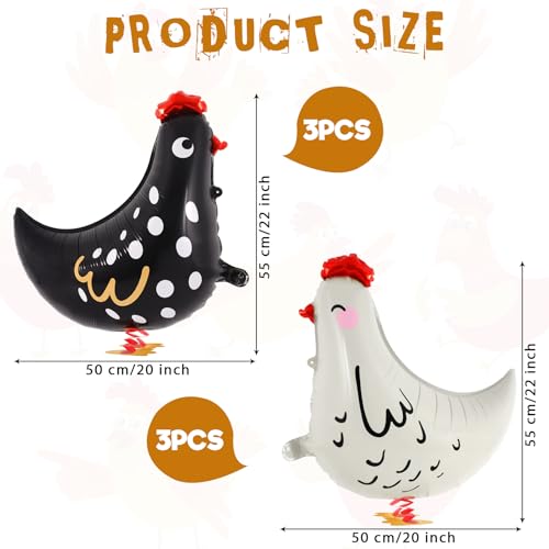 KINYFY 6 PCS Walking Chicken Balloons, Aluminum Foil Chicken Party Decorations White and Black Chicken Walking Balloons for Birthday Baby Shower Farm Animal Theme Party, 20 Inch - Image 2