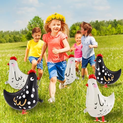 KINYFY 6 PCS Walking Chicken Balloons, Aluminum Foil Chicken Party Decorations White and Black Chicken Walking Balloons for Birthday Baby Shower Farm Animal Theme Party, 20 Inch - Image 3