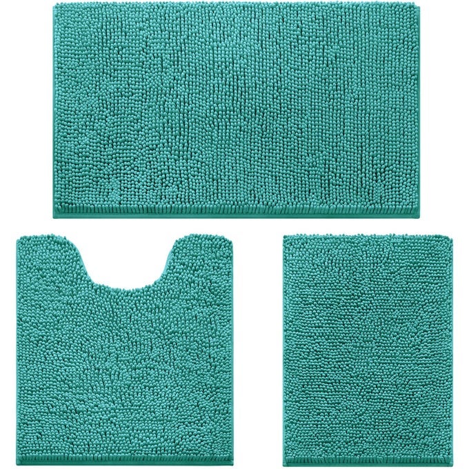 3 PIECES BATHROOM RUGS ULTRA SOFT NON SLIP ABSORBENT CHENILLE TOILET BATH MAT SET TEAL