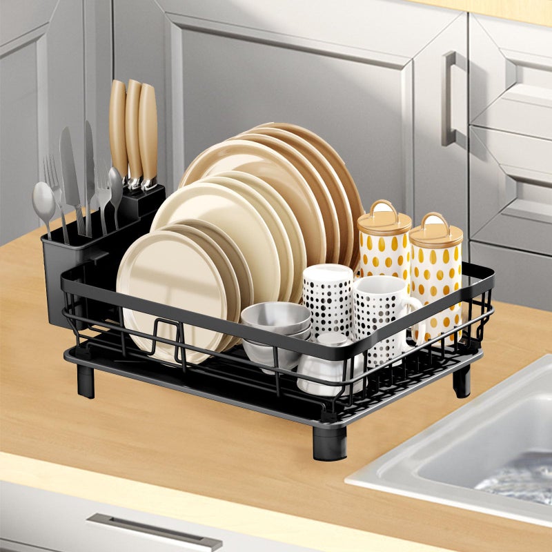 GAXmi Dish Drying Rack Over The Sink Drainer with Drainboard Utensil Holder, 1-Tier Black - Image 1