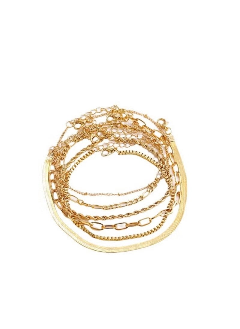 Huitich Elegant 6-Piece Gold Colour Layered Anklet Set – Stylish Alloy Chain Anklets for Women  - Image 1