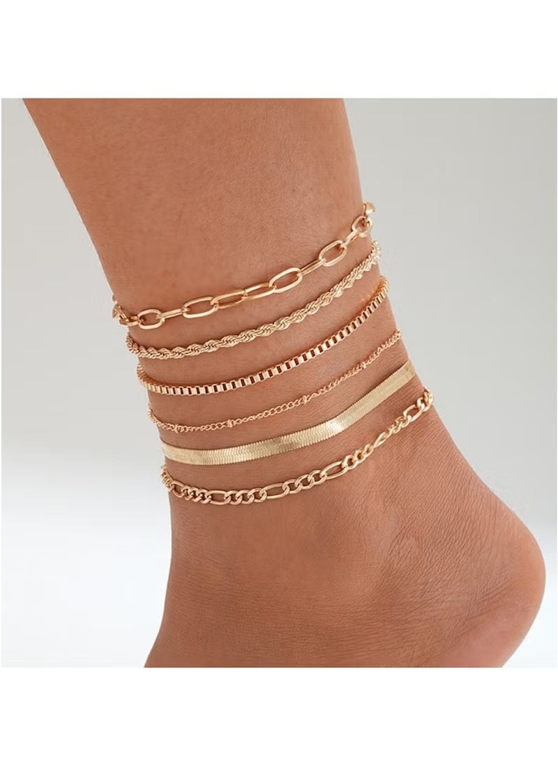 Huitich Elegant 6-Piece Gold Colour Layered Anklet Set – Stylish Alloy Chain Anklets for Women  - Image 4