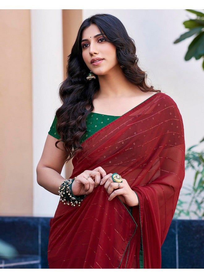 SIRIL Women's Georgette Sequence Work Saree With Unstitched Blouse Piece (3475S710A_Maroon) - Image 5