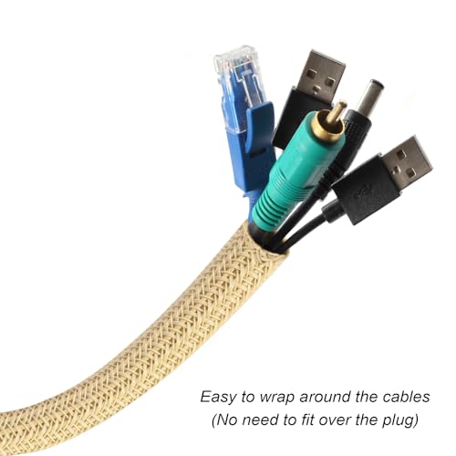 CrocSee 10ft - 1/2 inch Braided Cable Management Sleeve Cord Protector - Self-Wrapping Split Wire Loom for TV/Computer/Home Theater/Engine Bay - Beige - Image 2