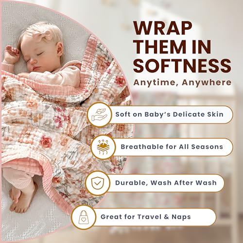 Max&So 100% Cotton Muslin Baby Blanket - Large Reversible Receiving Blankets for Baby Girls, Soft & Lightweight, Perfect Muslin for Newborns, Infants & Toddlers, 7 Layers Design, Machine Washable, Pink - Image 2