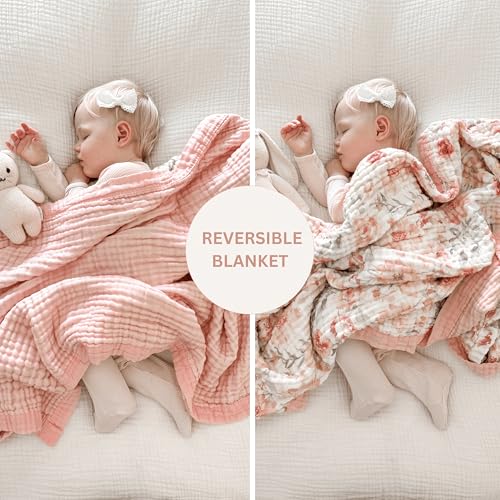 Max&So 100% Cotton Muslin Baby Blanket - Large Reversible Receiving Blankets for Baby Girls, Soft & Lightweight, Perfect Muslin for Newborns, Infants & Toddlers, 7 Layers Design, Machine Washable, Pink - Image 4