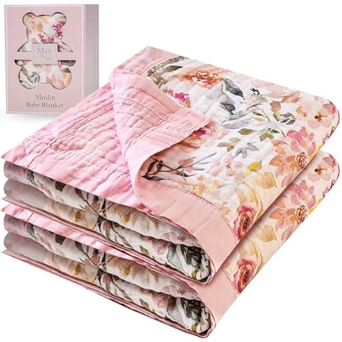 Max&So 100% Cotton Muslin Baby Blanket - Large Reversible Receiving Blankets for Baby Girls, Soft & Lightweight, Perfect Muslin for Newborns, Infants & Toddlers, 7 Layers Design, Machine Washable, Pink - Image 1