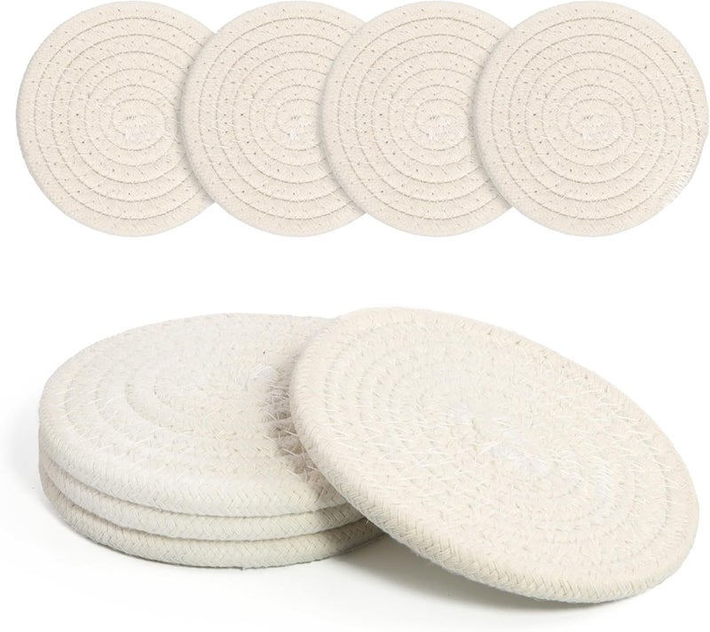 krastmon Coasters Set of 4 for Drinks, Cotton Woven 4 Colors Absorbent Boho Coasters for Home Decor Cups - Hot or Cold Drink Thickened (White) - Image 1
