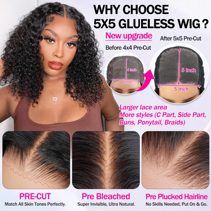 AISI Cyrly Bob Wig Human Hair 1800% Density Wear And Go Glueless Wigs 5x5 Hd Lace Closure Wigs Human Hair Curly Wigs For Black Women Ready to Wear Glueless Wig with Elastic Band for Beginner 10 Inch - Image 3