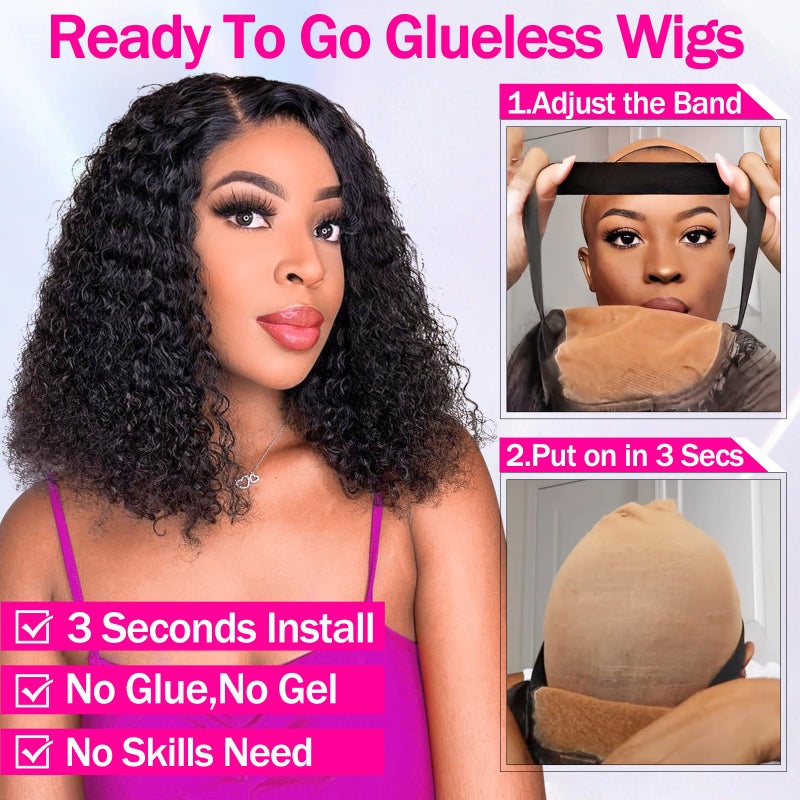 AISI Cyrly Bob Wig Human Hair 1800% Density Wear And Go Glueless Wigs 5x5 Hd Lace Closure Wigs Human Hair Curly Wigs For Black Women Ready to Wear Glueless Wig with Elastic Band for Beginner 10 Inch - Image 2